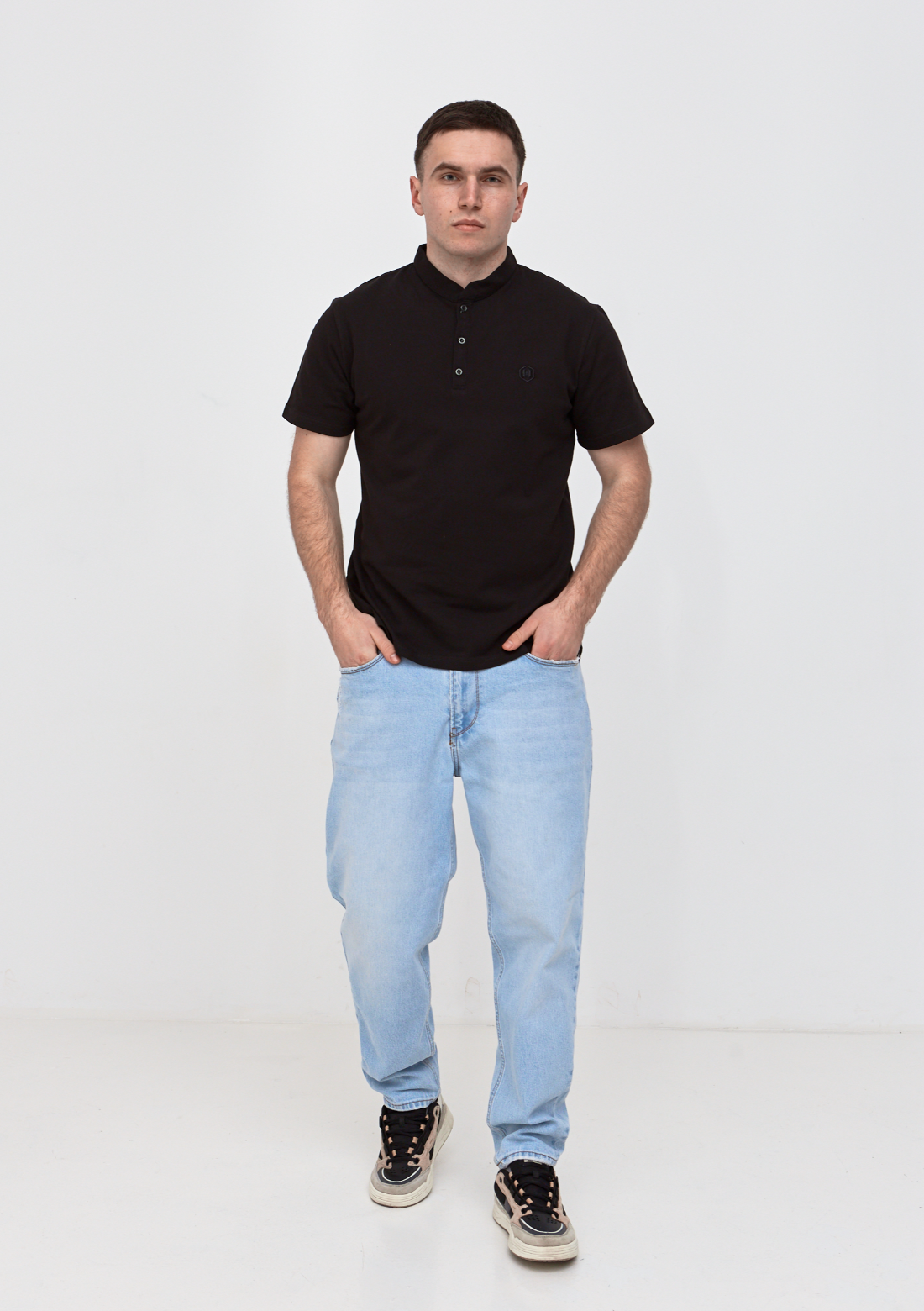 Однотонна футболка поло з коміром-стійкою великих розмірів 19571