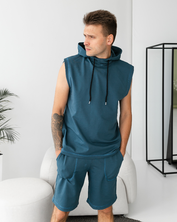 Чоловічий костюм шорти+футболка безрукавка з капюшоном 17418